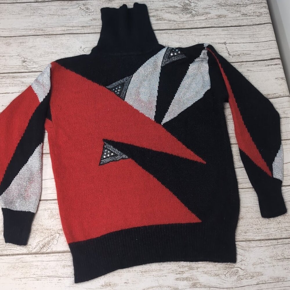 Vtg 80's IB Diffusion Silk Blend Metallic Red Silver Black Geometric Sweater S L